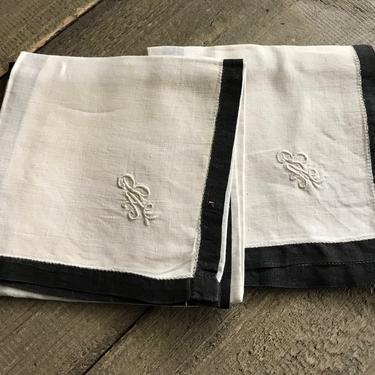 Pair French Mens Handkerchief, White Linen, Mourning, Embroidered Monogram 