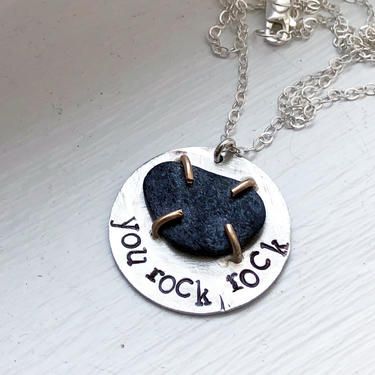 You Rock Rock Pendant with beach pebble from Block Island rhode island i heart huckabees necklace 
