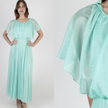 Long Mint Grecian Goddess Dress / Split Sleeve Draped Roman Dress / Studio 54 Style Disco Party / 70s Split Sleeve Sweeping Cocktail Maxi 