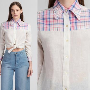 70s Plaid Yoke Western Blouse, As Is - Petite Small | Vintage White Pink Long Sleeved Collared Top 