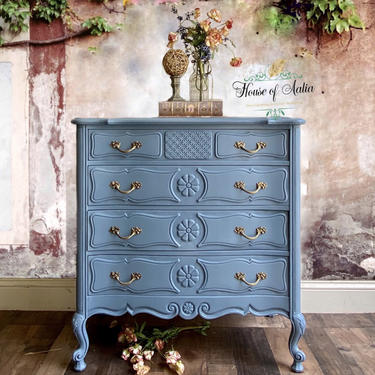 French Blue Carved Dresser. Four Drawer Lowboy. Marble top.  Master Bedroom. Eclectic Living Room Anthropologie Inspired. 
