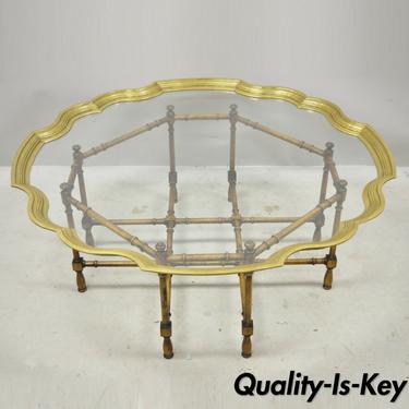 Chinese Chippendale Faux Bamboo Brass Scalloped Edge Tray Top Coffee Table