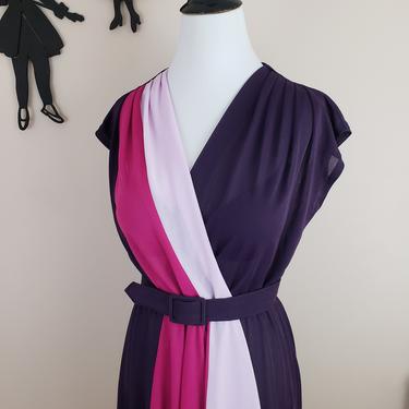 Vintage 1970's Color Block Dress / 70s Polyester Dress S/M 