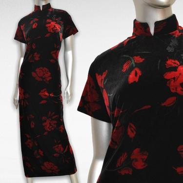 Vintage Black Velvet Cheongsam Qipao Dress with Red Floral Print Dress M 8 