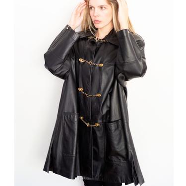 Vintage BRUNO MAGLI Lambskin Leather Coat with Gold Chain Link Toggle Closures sz L XL Black Trench Moto Oversized Structured Shoulders 