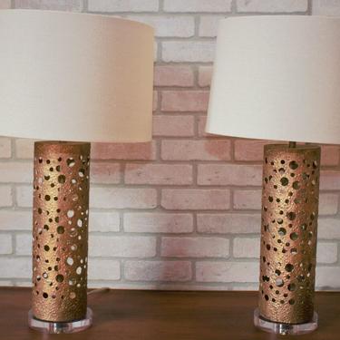 Modern Brutalist Shasta Brass and Lucite Table Lamps with Shades - Pair