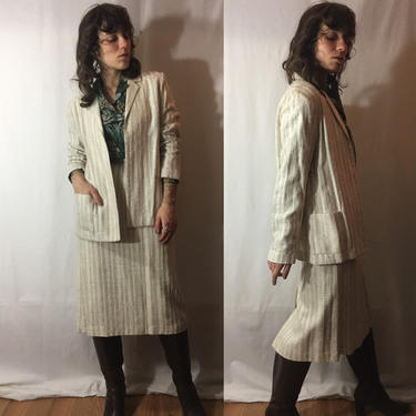 Vintage 1970s Minimalist Suit Set | Beige Slub Pinstripe Woven Skirt &amp; Open Blazer | NWT NOS Prestige of Boston, Chas. A. Stevens, ILGWU S/M 