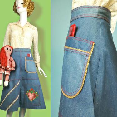 1970s denim patchwork skirt. Union made. (Size S) 