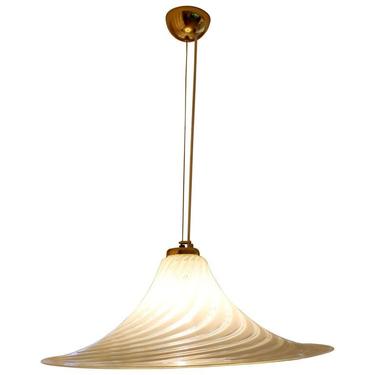 Mid Century Modern Murano Italian White Glass Brass Pendant Light Fixture 1970s 