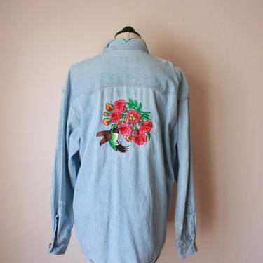 90s Chambray Denim Shirt with Hummingbird Embroidery Size L / XL 