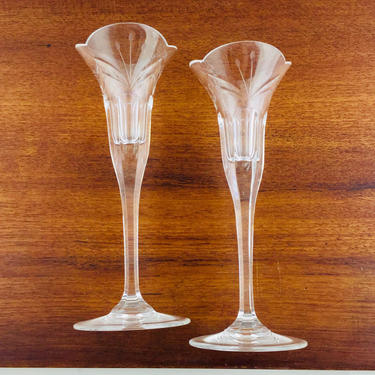 Vintage Glass Candleholders Pair Long Stem Etched Taper Candlestick Holders  Vintage Wedding Bridal Gift 