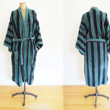 Vintage Striped Bath Robe OS - Pierre Cardin 80s Terrycloth Robe - Thick Bath Robe - Blue Green Belted Robe - Lounge Robe 