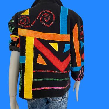 80s 90s Jean Jacket NEON Abstract Jacket, 90s vintage art deco jacket, geometric print bright colors unisex vintage size s / m 8 10 