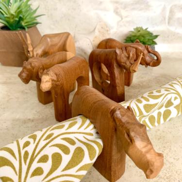 Jungle Animals Carved Wood Napkin Rings Sculptural, Safari, Tribal, Set of 6 Vintage 