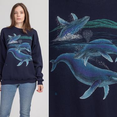 90s Blue Whale Sweatshirt - Large | Vintage Nature Print Retro Animal Graphic Pullover 