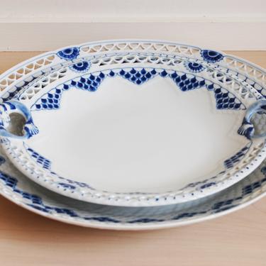 Set of 2 Rare Kronberg Bing and Grondahl Porcelain Round Serving Plates with Pierced Lace Border Made in Denmark, 376.6, 304.6 