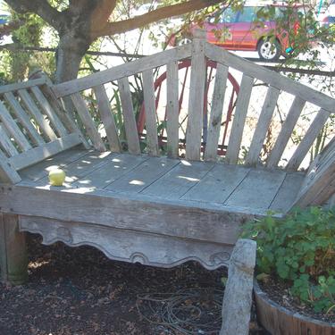 Large Unusual Vintage Aged Garden / Patio / Solarium Solid Teak Bench with tilted arms and beautiful Arched Back ~ 75&amp;quot; long * 46&amp;quot; t * 32 d 