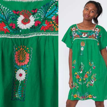Embroidered Mexican Dress Green Mini Hippie Boho Ethnic Tent Bohemian Floral Tunic Festival Minidress Extra Large xl 