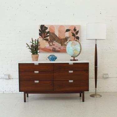 1960's Faux Marble Top Six Drawer Dresser with Chrome Handles