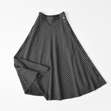 vintage grid print long full wool skirt, black &amp; white, size XS / S 