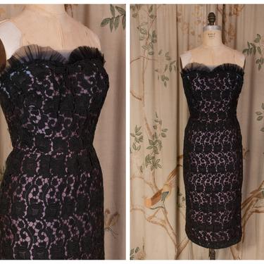 1950s Dress - Gorgeous Vintage 50s Custom Made Periwinkle Satin and Black Guipure Lace Strapless Cocktail Dress 