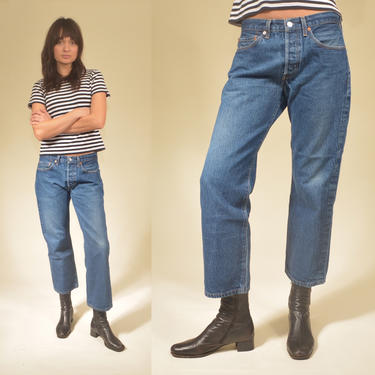 vintage Levi's 501s crop Levis 701 skinny high waist button fly 501 medium dark blue hige crease jeans cropped denim 1990s 1980s 501xx 30 28 