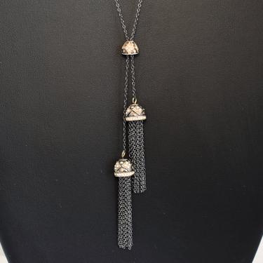 80's flapper style gunmetal gold & silver tone metal rhinestone and enamel tassel necklace, long edgy bells with fringe dark bling bib 