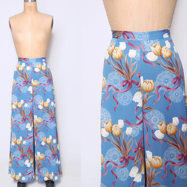Vintage 70s floral bell bottom pants / printed wide leg pants / tulip print / novelty palazzo pants / vintage hippie flare pants 