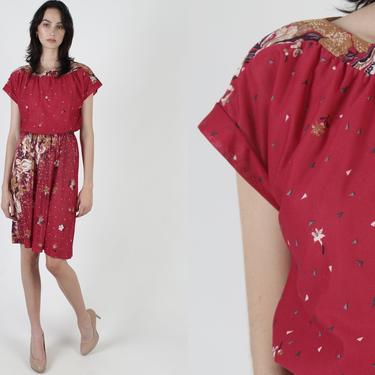 Vintage Floral Party Dress / Maroon Red Confetti Flower Dress / 70s Sheer Draped Full Skirt / Light Sleeveless Day Party Mini Dress 