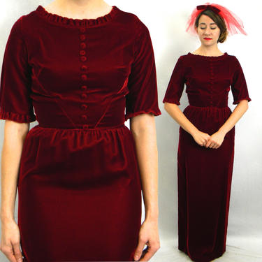 60s Red Velvet Evening Dress | Red Velvet Maxi Dress | Matching Red Fascinator | Extra Small 