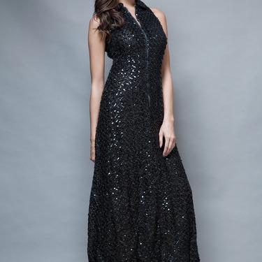vintage 70s party dress gown long maxi black sequins sleeveless Peter Pan Collar M MEDIUM 