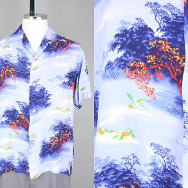 1950s Hawaiian Shirt · Vintage 50s Rayon Shirt with Duck & Tree Print · Medium 