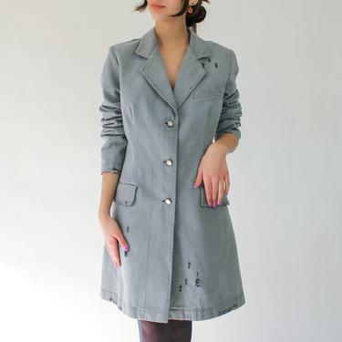 Vintage 90s Vivienne Westwood Sage Green Denim 3/4 Length Overcoat Chore Jacket | Made in Italy | 1990s Designer Distressed Denim Jacket 