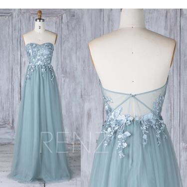 Dusty Blue Bridesmaid Dress Sweetheart Lace Wedding Dress A-line Strapless Tulle Wedding Gown (LS339) 