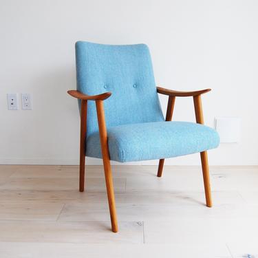 Scandinavian Modern Compact Teak Lounge Chair with Light Blue Wool Upholstery Mid Century Modern 