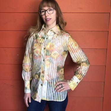 1970s Semi-Sheer Stripe and Floral Long Sleeve Blouse