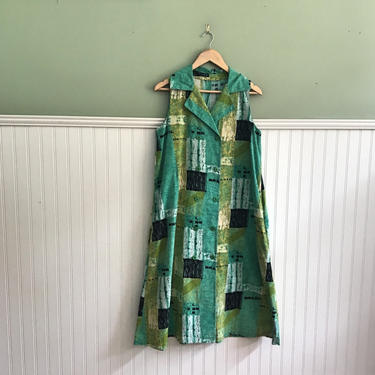 Modernist print sleeveless swing dress -  size large - 1980s vintage 