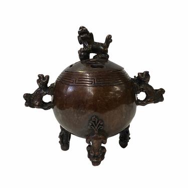 Oriental Brown Finish Metal Incense Burner with Foo Dogs Accent Lid ws1596E 