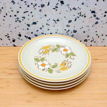 Vintage 1970s Speckled Stoneware Hearthside Garden Festival Prairie Flowers Bread Plates - Set/4 