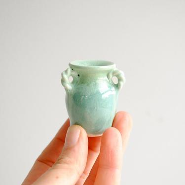 Vintage Tiny Hand Painted Pottery Vase in Seafoam Green, Miniature Ceramic Vase 