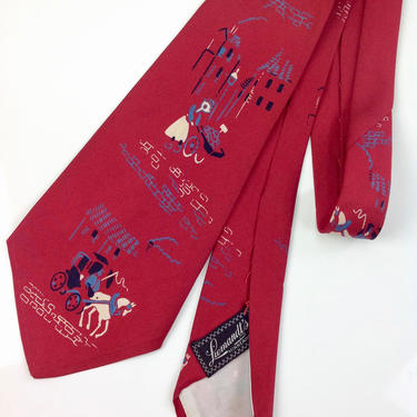 1940's Printed TIE / Horse &amp; Carriage Street Scenes /  ALL SILK / French Collection / by Signet 