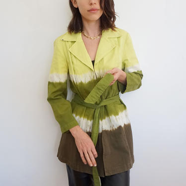 Vintage Tie Dye Ombre Cotton Belted Jacket Blazer Trench Olive Lime Chartreuse 90s Y2K 