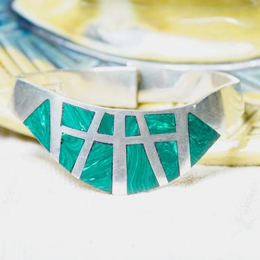 Vintage TAXCO Modernist Sterling Silver Malachite Cuff Bracelet, Geometric Inlay Hinge Cuff, Banded Malachite, Statement Jewelry, Mexico 925 