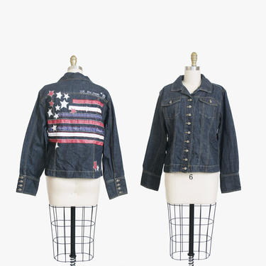 Vintage Chico's American Flag Jean Jacket - Embroidered - Beaded - Denim Coat - Long Sleeve - Patriotic - USA -  Women's Large 