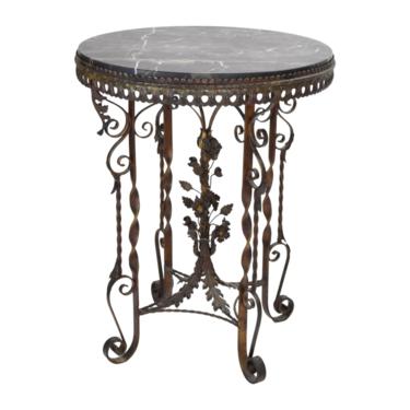 Antique 1920’s Wrought Iron Floral Motif Table w Figured Black Marble Top 