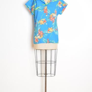 vintage 80s top blue Hawaiian aloha print floral button up shirt blouse M L clothing 