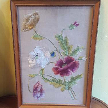 Vintage Embroidered Flowers on Linen, Embroidery Floral Needlework, Floral Crewelwork, Grandmother Gift, Gift For Her, Country Chic, Xmas 