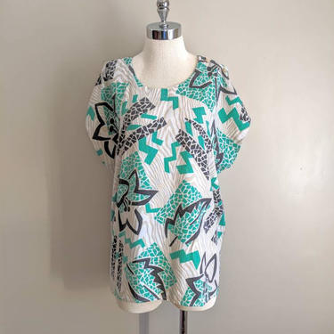 vintage 80's oversized graphic print tunic in tan and green OSFM by BetaGoods
