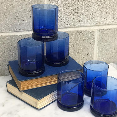 Vintage Whiskey Glass Set Retro 1980s Contemporary + Blue Glass + Octagon Shape + Set of 6 + Semi See Through + Barware + Kitchen Drinking 