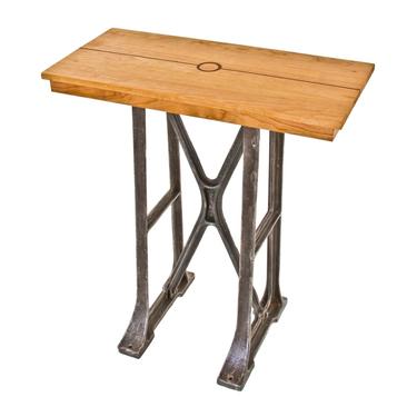 original and very robust c. 1917 american industrial salvaged inclinable sheet metal press machine base comprised of cast iron with newly added cherry wood tabletop